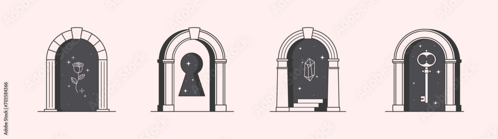 Wall mural vector mystic logo design templates with portals,steps,magic flower,stars,gem and key.surreal abstra