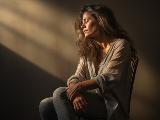 Depressed woman sitting in dark room, sad and disappointed, stressed because of work