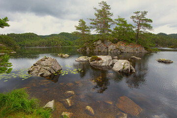 Scenic view of Lake Langavatnet, located on road 545 between Sagvåg and Fitjar in Norway.