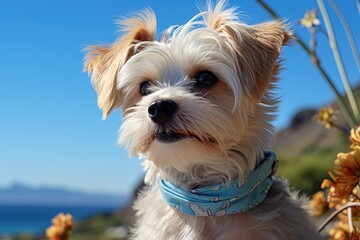 Funny cute dog against the blue sky in summer looks at the camera. Vacation concept