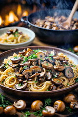 Savory Symphony, An Exquisite Fusion of Pasta, Wild Mushrooms, and Fragrant Parsley Dance on a Plate