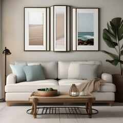 A serene coastal-themed living room with sea-inspired decor and sandy hues3