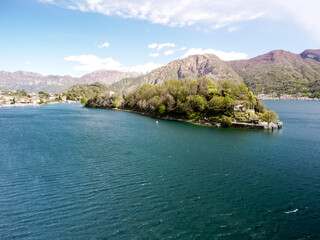 Obraz premium Aerial panoramic view over beautiful lake Como between Italy and Switzerland.