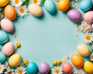 Fototapeta na wymiar Colorful easter eggs and spring flowers frame with empty space for your text. Blue pastel background