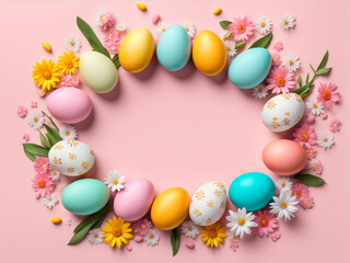 Colorful easter eggs and spring flowers frame with empty space for your text. Pink pastel background