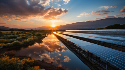 farm of floating solar panels on a pond in the mountains