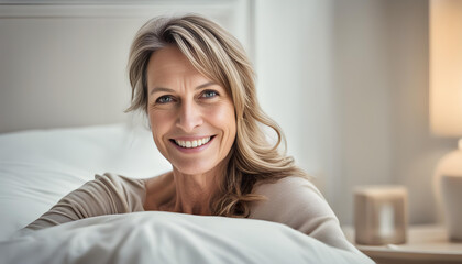 Naklejka premium Beautiful Selfie of a Smiling 47-Year-Old Woman with Dark Blonde Hair, Just Woke Up in Bed