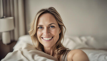 Beautiful Selfie of a Smiling 37-Year-Old Woman with Dark Blonde Hair, Just Woke Up in Bed - obrazy, fototapety, plakaty