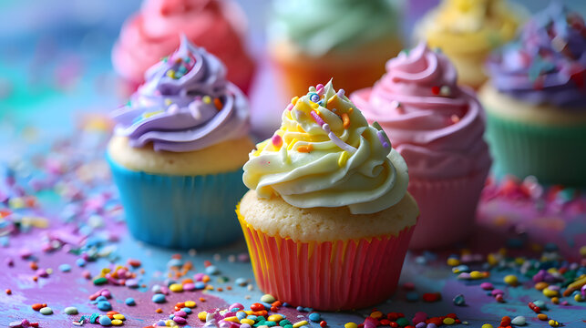 A colorful array of delectable cupcakes with vibrant frosting and sprinkles, showcasing the art of baking and the indulgence of sweetness