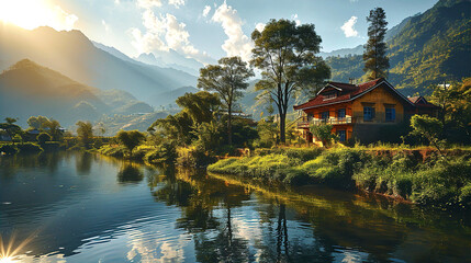 Idyllic Chinese village and countryside view with small river, mountains and forest