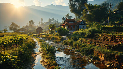 Idyllic Chinese village and countryside view with small river, mountains and forest - obrazy, fototapety, plakaty
