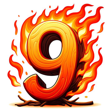 9 - number from fire with cartoon style on transparent background