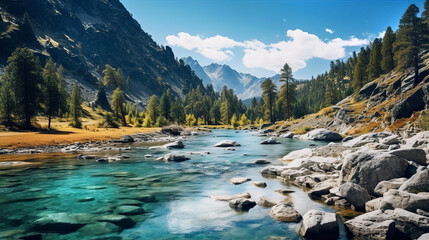 Epic landscape looks like Altai with  mountains, river and green forest, travel concept  - obrazy, fototapety, plakaty