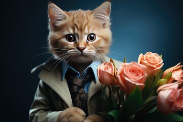 The fashionably dressed cat with a bouquet of tulips looks like a real gentleman.