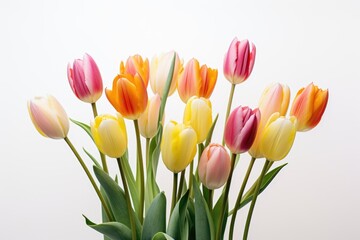 Bright and soft tulips of various shades harmoniously blend on a light monochrome background