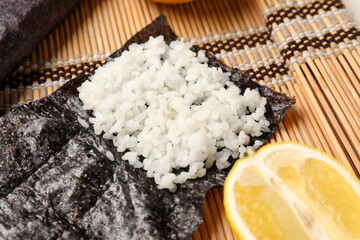 Nori with rice on table, closeup