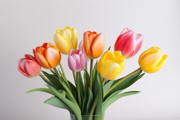 A simple composition with bright tulips on a white background, highlighting their beauty and freshness