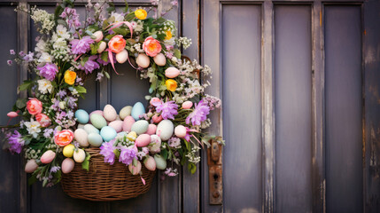 Fototapeta na wymiar A handmade Easter wreath adorning a rustic wooden door with spring flowers and pastel ribbons.