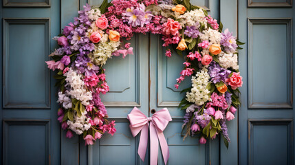 Fototapeta na wymiar A handmade Easter wreath adorning a rustic wooden door with spring flowers and pastel ribbons.