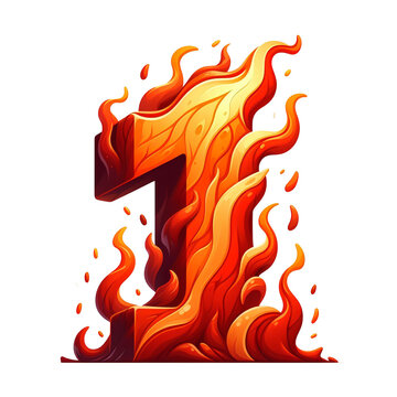 1 - number from fire with cartoon style on transparent background