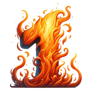 1 - number from fire with cartoon style on transparent background
