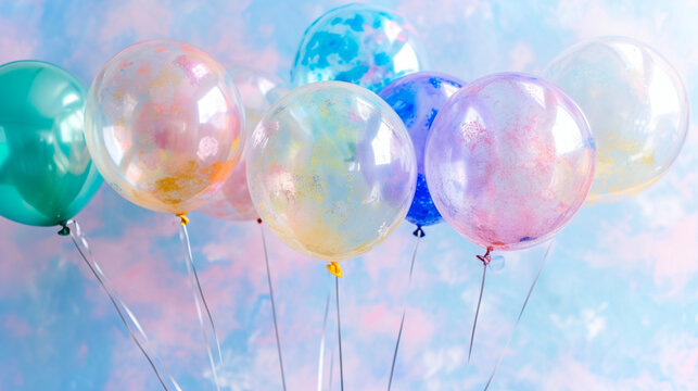 Ballons de baudruche de couleurs pastel. Espace vide de composition. Ambiance festive, anniversaire, c&eacute;l&eacute;bration. Pour conception et cr&eacute;ation graphique.