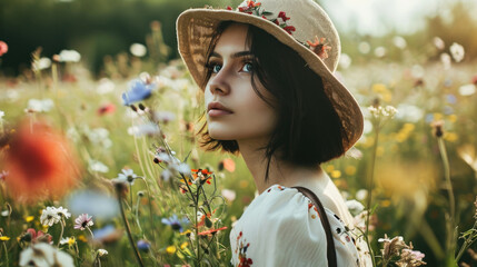 woman amidst a field of wildflowers, meadow background generative ai