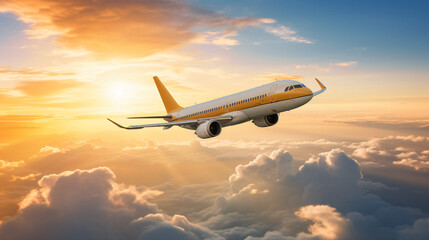 Fototapeta premium A majestic commercial airliner soaring above the clouds at sunset with the suns golden rays reflecting off its sleek body.