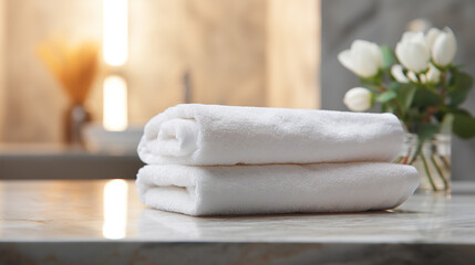 Stack of clean towels countertop in bathroom. Space for text