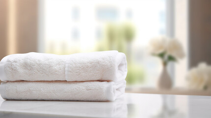 Stack of clean towels countertop in bathroom. Space for text