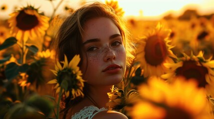 woman with a carefree expression in a sunflower field, sunny background generative ai