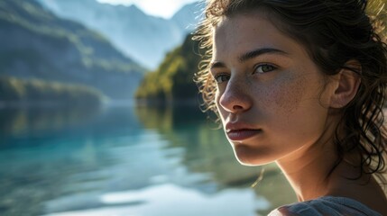 woman with a contemplative look by a tranquil lake, mountain background generative ai