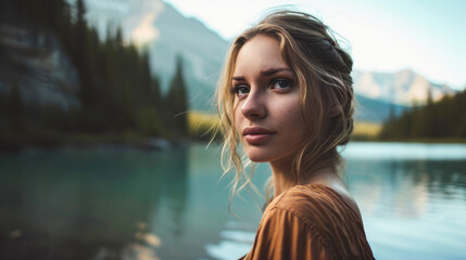 woman with a peaceful expression near a tranquil lake, mountain background generative ai