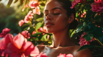 Obraz na płótnie Canvas woman with sun-kissed skin among tropical flowers generative ai