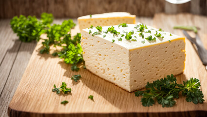 Fresh tofu cheese with parsley in the kitchen