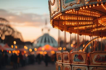 Fotobehang Colorful amusement park. Merry go round, circus and funfair carousels. Fantasy playground entertainment concept © Irina Mikhailichenko
