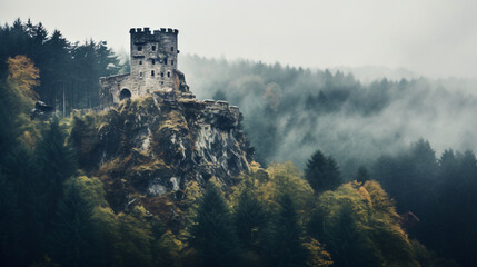 An ancient stone castle perched atop a hill surrounded by a dense misty forest.