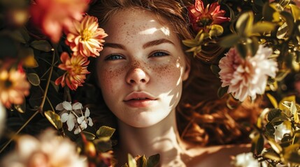 woman with sun-kissed skin surrounded by blooming flowers generative ai