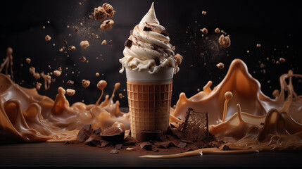 Commercial photo about a vanilla icecream with syrup cocoapowder chocolate and melted icecream exploding - obrazy, fototapety, plakaty