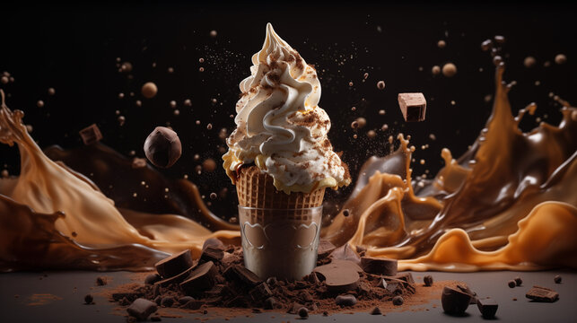 Commercial photo about a vanilla icecream with syrup cocoapowder chocolate and melted icecream exploding