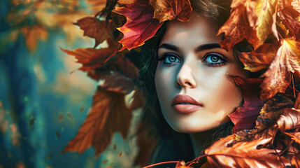 Obraz na płótnie Canvas woman with vibrant autumn leaves in her hair generative ai