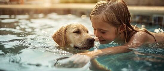 Child playing with golden labrador retriever puppy in swimming pool, engaging in active water games.