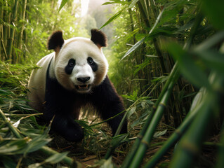 Baby panda walking on a path in the middle of the forest, panda walking in its natural habitat