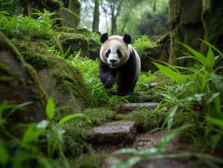 Obraz premium Panda walking on a path in the middle of the forest, panda walking in its natural habitat
