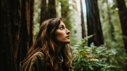 Woman with a confident gaze standing among redwood trees, forest background generative ai