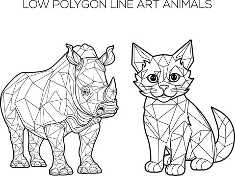 Low Polygon Line Art Cat Rhinosaur, Coloring book characters Black and white