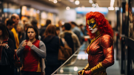 Fototapeta na wymiar An exciting comic book convention bustling with fans and cosplayers.