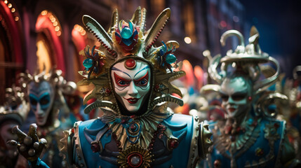 An extravagant carnival parade with elaborate floats and costumes.