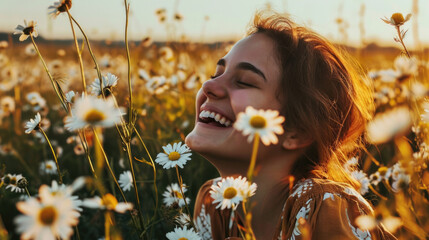 Woman with a joyful smile in a field of daisies, countryside background generative ai