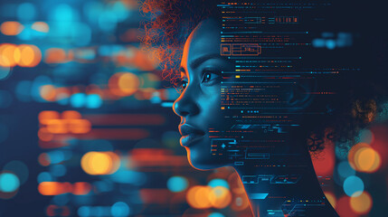 AI cyber security threat illustration, black african american female IT specialist analysing data information technology, augmented reality artificial intelligence collage, side profile, copy space